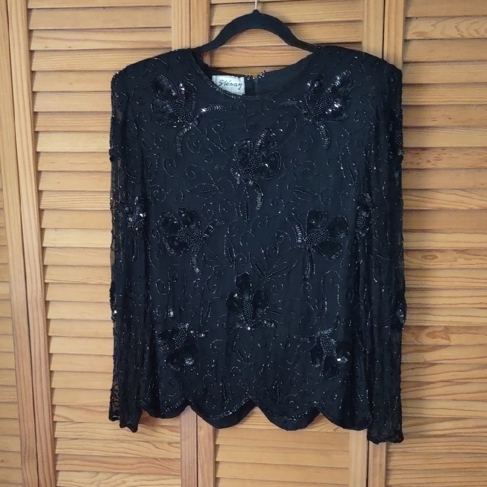 Stenay Black Padded Shoulders Beaded Sequin Sheer Long Sleeve Formal Top Size S
